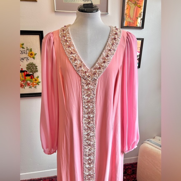 Vintage 60s/70s Pink Mod Beaded Rhinestone Evening Gown Glam Statement Dress XL - Picture 9 of 12
